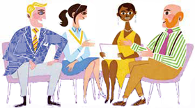 4名の世界各国の人々が椅子に座って会話しているイラスト