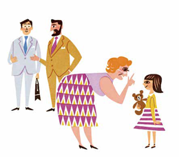 スーツを着た男性2名、スカートをはいた婦人と少女がそれぞれに会話をしているイラスト