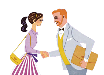 洋服の女性と蝶ネクタイの男性が握手するイラスト