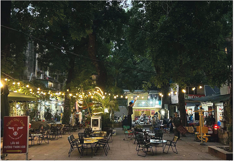 木々の間に吊り下げられたランプで明るく照らされた夜の中庭