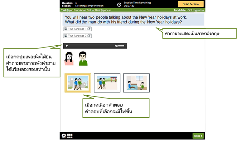 เมื่อกดปุ่มเพลย์จะได้ยินคำถามสามารถฟังคำถามได้เพียงสองรอบเท่านั้น คำถามจะแสดงเป็นภาษาอังกฤษ เมื่อกดเลือกคำตอบ คำตอบที่เลือกจะมีไฟขึ้น