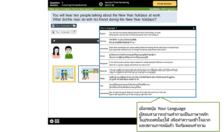 เมื่อกดปุ่ม Your Language ผู้สอบสามารถอ่านคำถามเป็นภาษาหลักในประเทศนั้นๆได้ เพื่อทำความเข้าใจฉากและสถานการณ์แล้ว จึงเริ่มตอบคำถาม